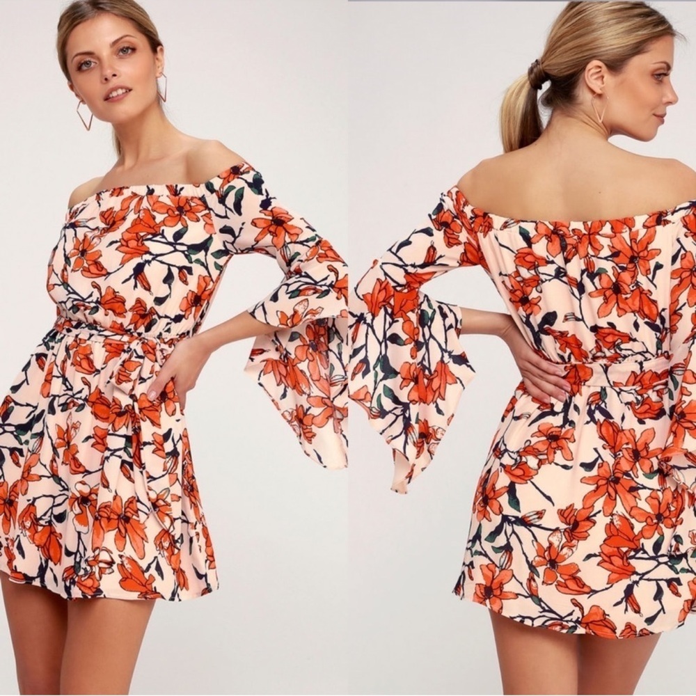 Lulu's Floral Off-Shoulder Mini Dress - Orange and Cream